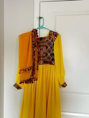 Yellow Embroidered Afghan Dress with Scarf